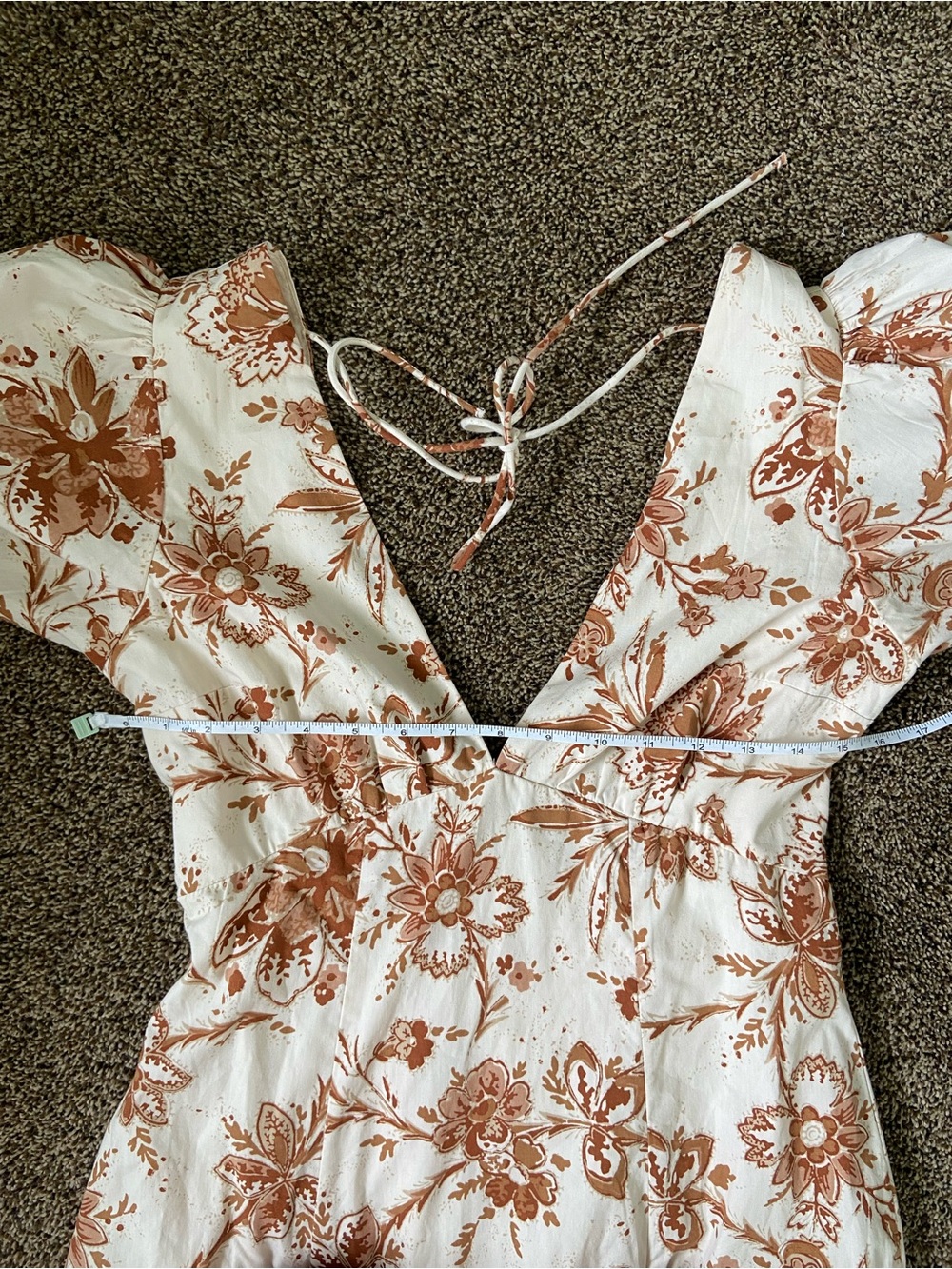 Abercrombie & Fitch Puff Sleeve Slim Poplin Cotton Midi Dress Cream Brown Floral - Picture 7 of 9